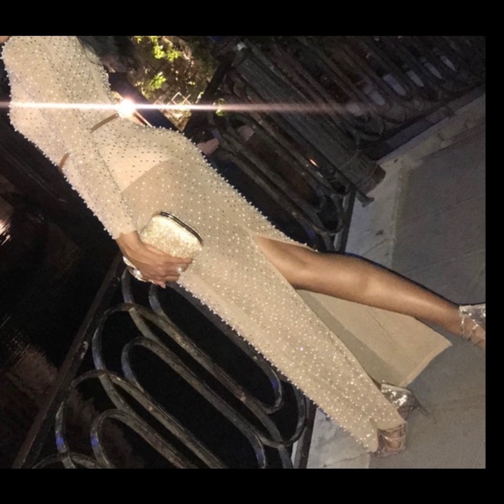 Long Nude Iridescent Rhinestone Pearl Embellished